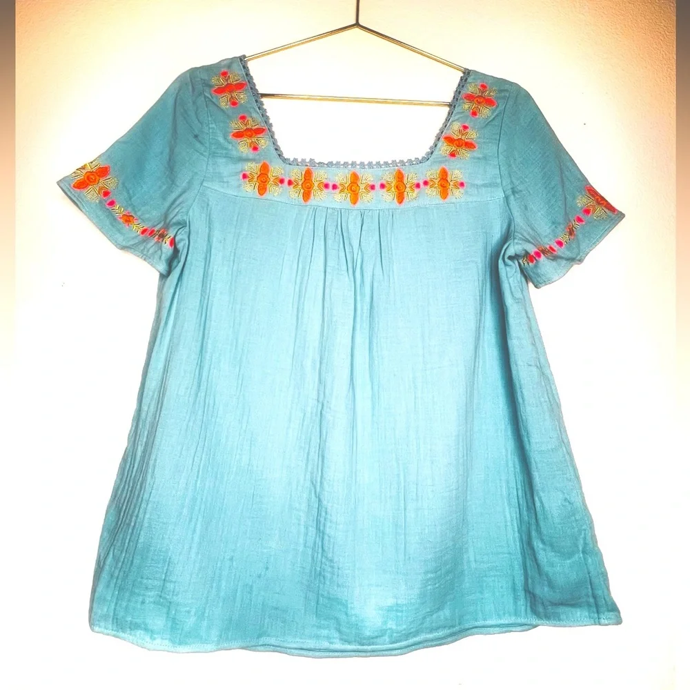 Boden Shirt Women's blouse Clemmie Embroidered Cotton Peasant Top blue gold pink - Picture 3 of 8